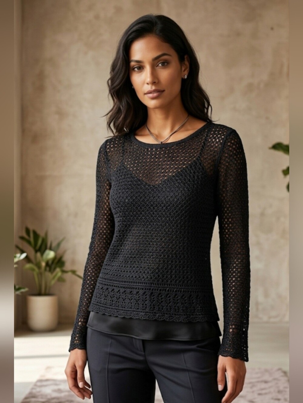 Liz Claiborne 100% Silk Crochet Long-Sleeve Top Blouse #Sz XL (Fits S - M) Black